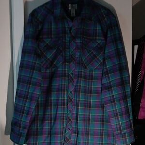 L.L. Bean Vintage  Men's Purple and Blue Plaid Wool Blend  Flannel Shirt